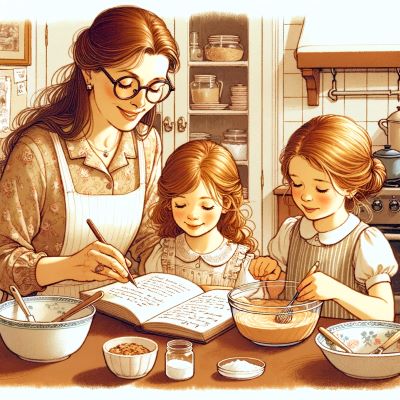 Foto de mãe com suas filhas lendo a receita e cozinhando